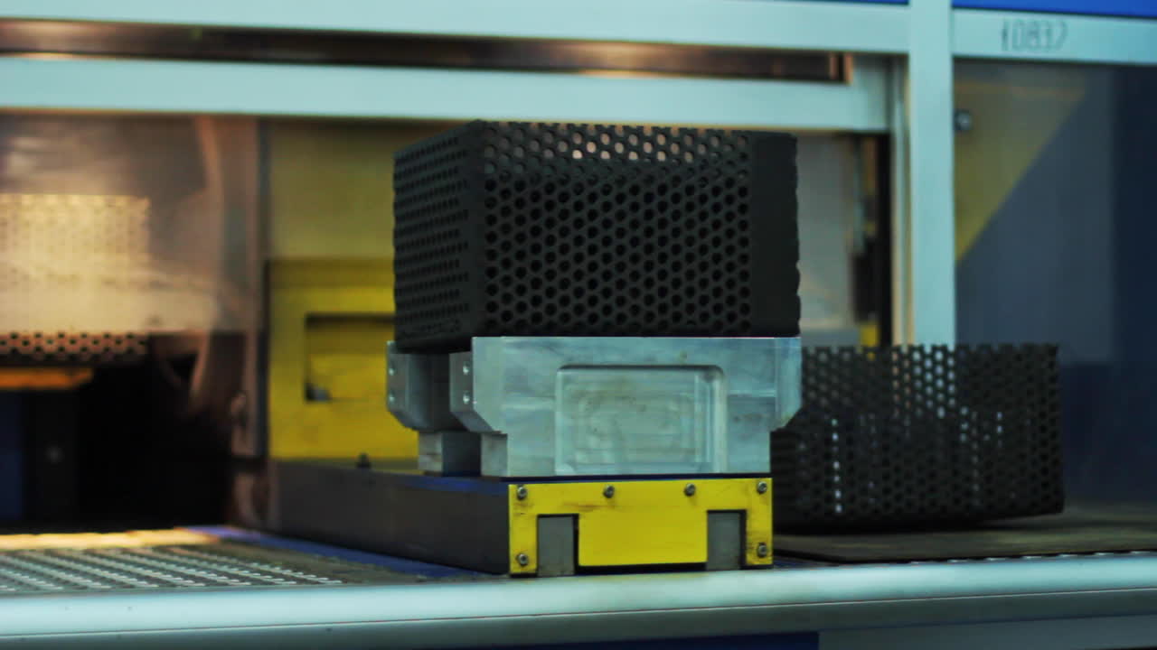 산업 단위와 함께 컨테이너가 열 처리 방을 떠납니다. 산업 장비