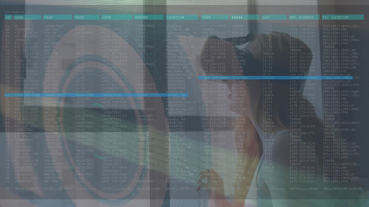 Animation of scope scanning with glitch and woman using vr headset