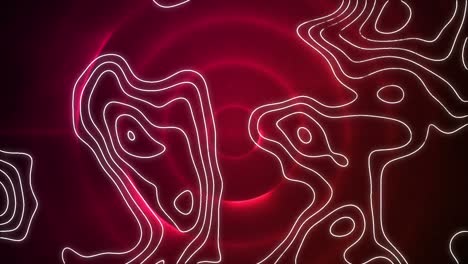 Digital-animation-of-topography-pattern-against-light-trials-in-circles-against-red-background