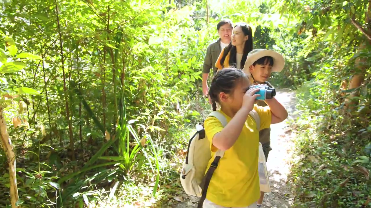 A family hikes through a sunny forest while a young girl uses binoculars for birdwatching