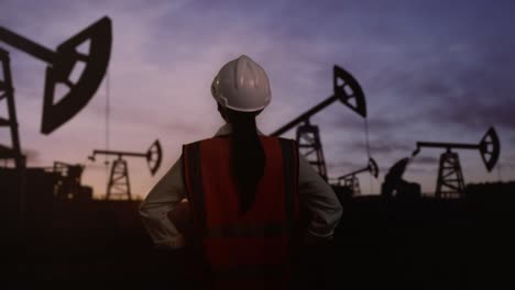 задний вид азиатской женщины-инженера с защитным шлемом проверяет нефтяные насосы на восходе солнца на большом нефтяном месторождении. стоя с руками акимбо, оглядываясь вокруг и покачивая головой
