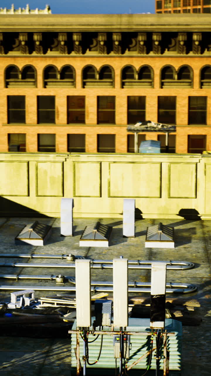 Obra en construcción en una azotea con materiales y cielo azul en el centro de la ciudad