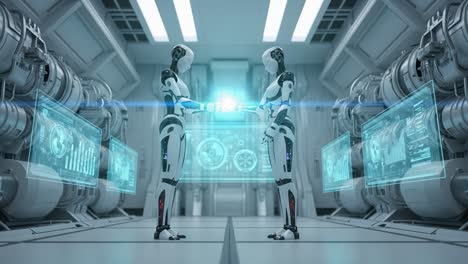 a pair of advanced robots engaging in a futuristic data exchange within a high-tech laboratory environment featuring interactive holographic displays