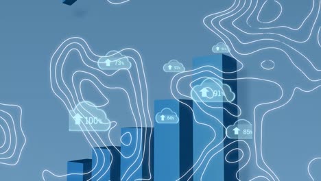 animación de nubes con números sobre isohypses, gráficos y flecha sobre fondo azul