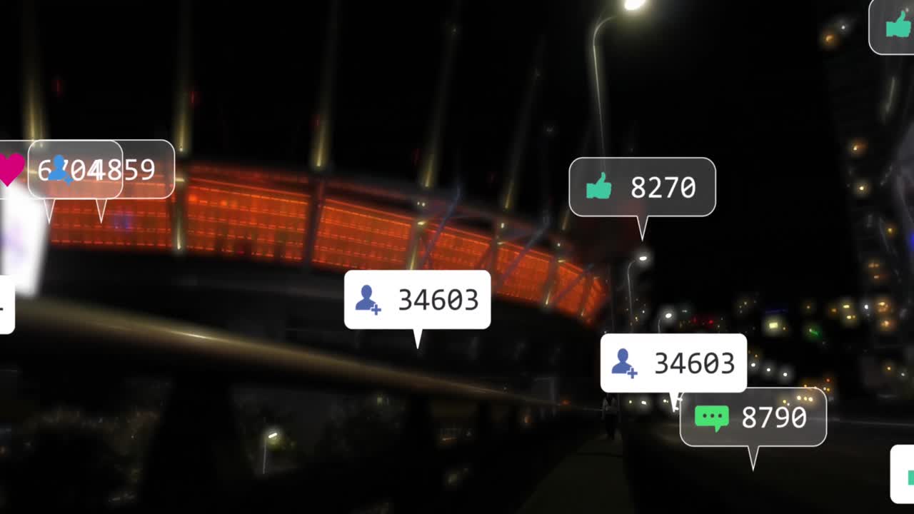 밤에는 도시 교통에 대항하여 떠다니는 소셜 미디어 아이콘의 애니메이션