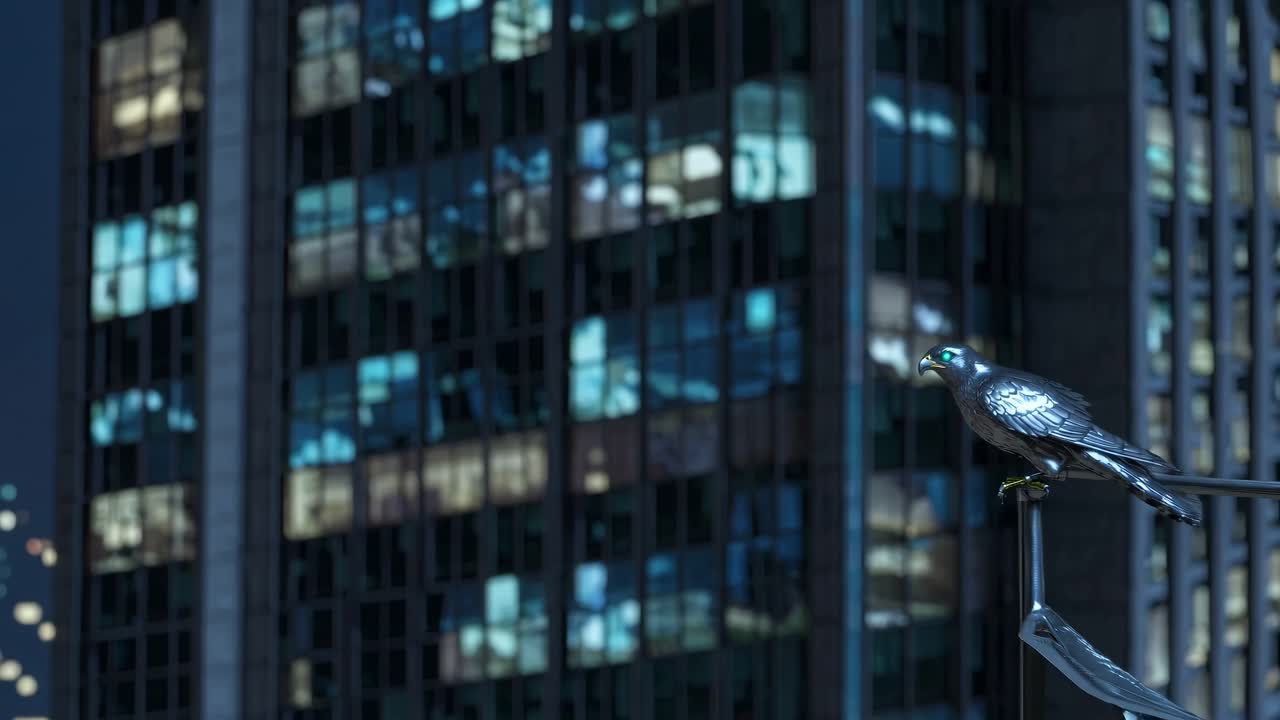Metallic Falcon in a Futuristic Cityscape at Night