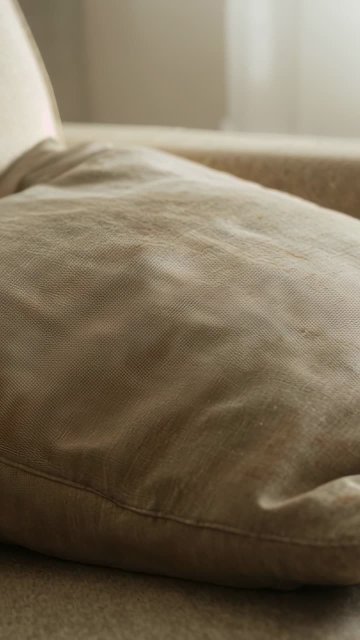 Cuscino decorativo beige testurizzato appoggiato, che si adagia leggermente sul sedile del divano accanto alla finestra, con una tenda velata.