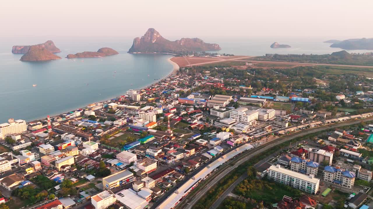 Aerial shot of Prachuap Khiri Khan coastline with city and scenic landscape