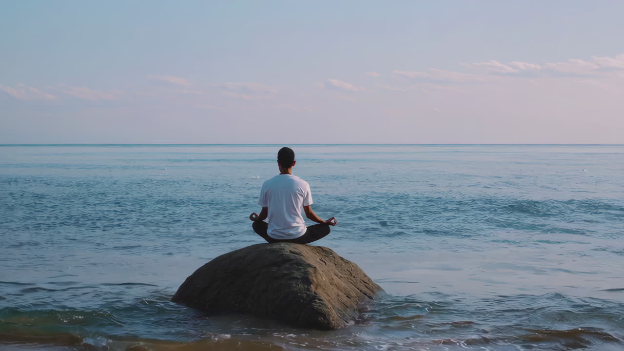 Man meditating on a rock at the beach