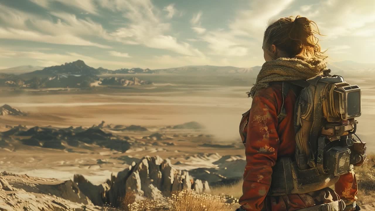 Woman with a backpack looking out over a desert landscape