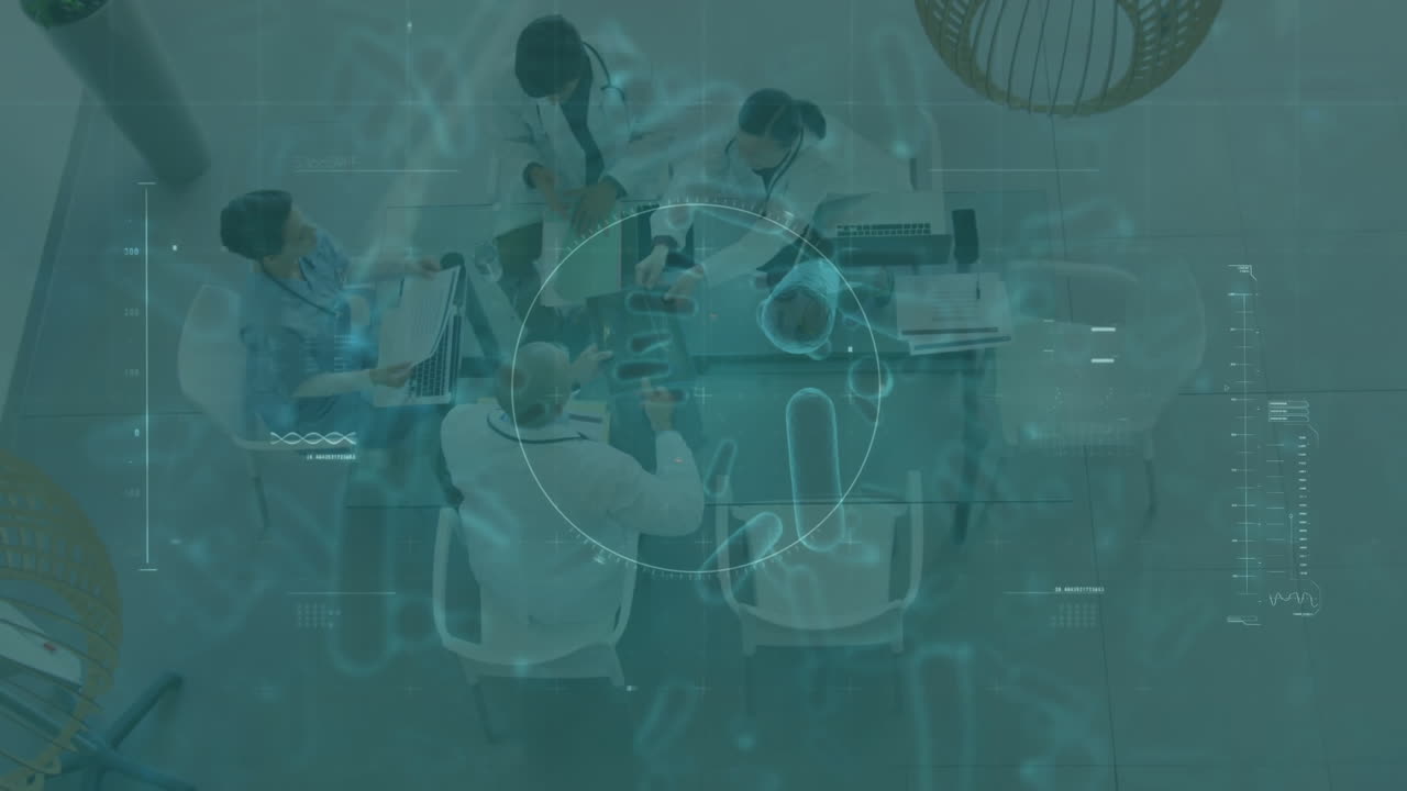 스 스캔과 코로나19 세포가 의사 팀을 향해 움직이고 있습니다.