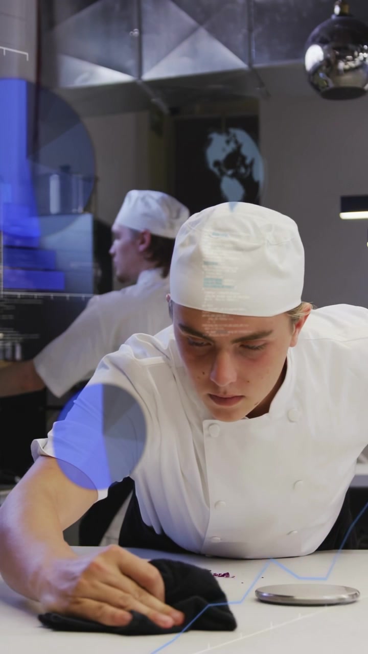 Video verticale: Chef che prende uno straccio per pulire il bancone, pulisce una bilancia da cucina mentre appaiono grafici blu.
