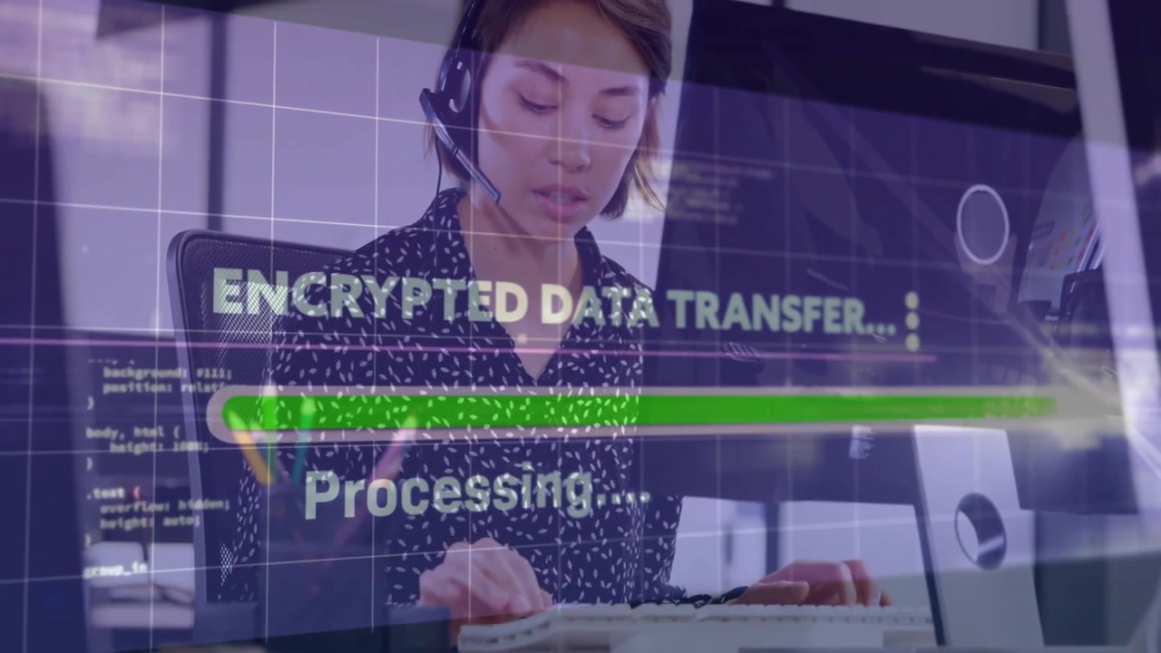 woman typing at keyboard in modern office, showcasing encrypted tech data transfer progress bar