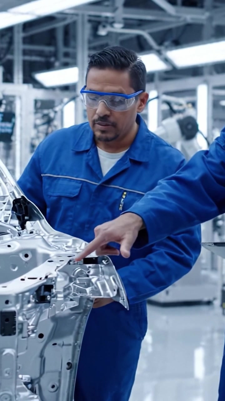 Trabajadores colaboran en una instalación de fabricación de alta tecnología para ensamblar un chasis de vehículo, mostrando precisión, ingeniería y técnicas de producción modernas.