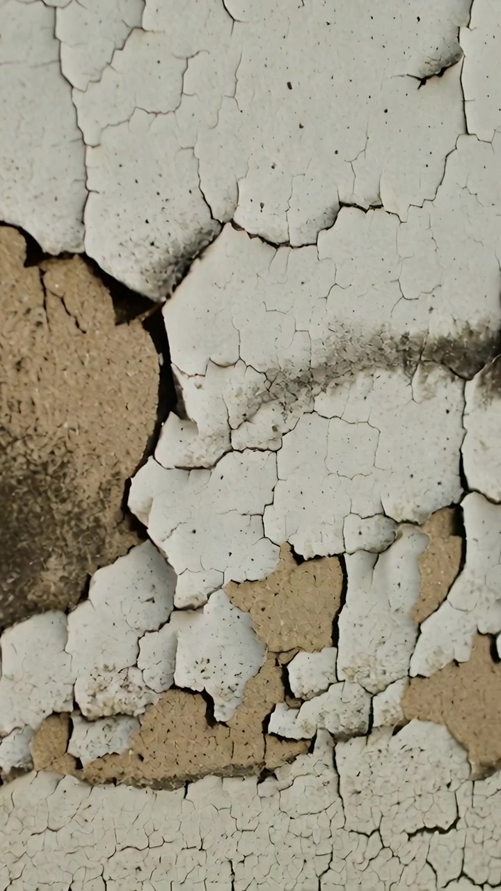 Vertical video: Shifting camera studying peeling white paint, tan plaster and dark smudge in room