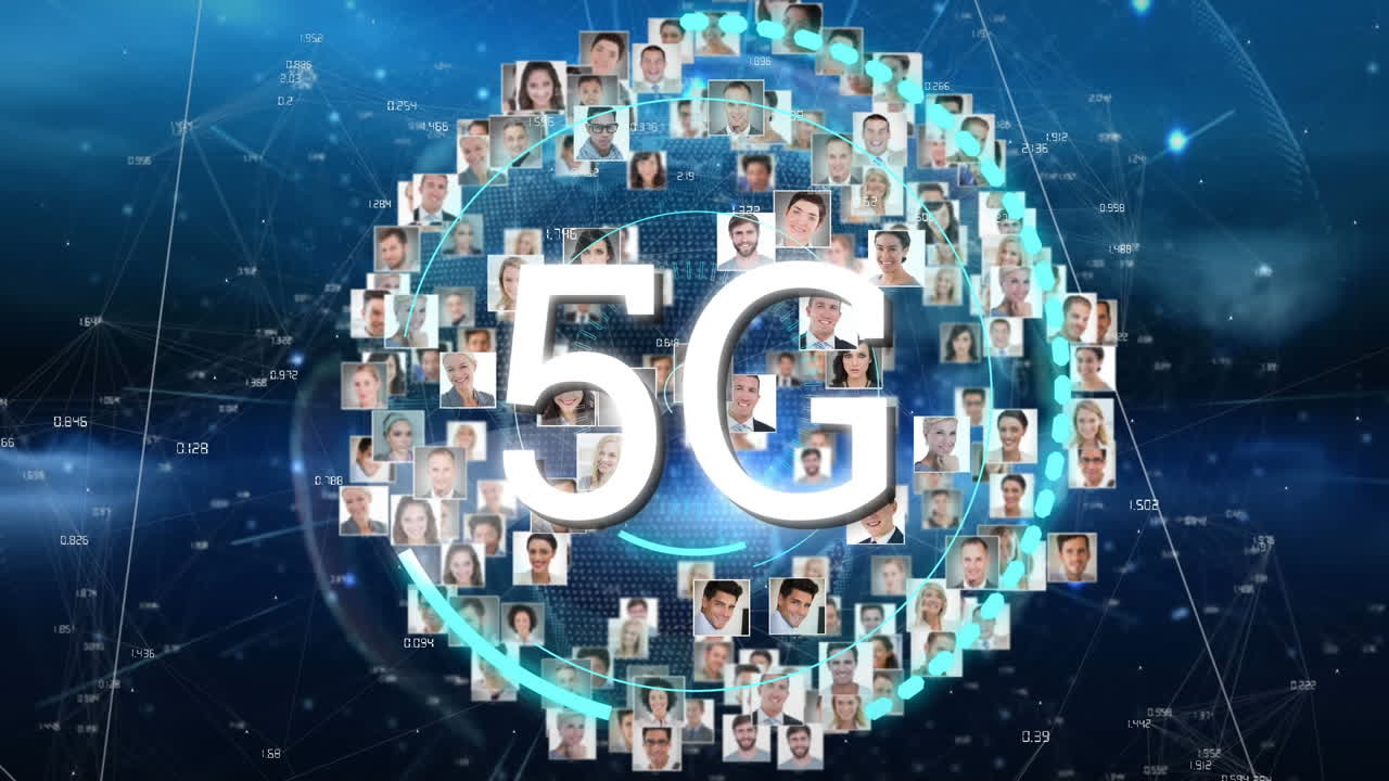 animazione di testo 5g con globo e foto rete di connessioni