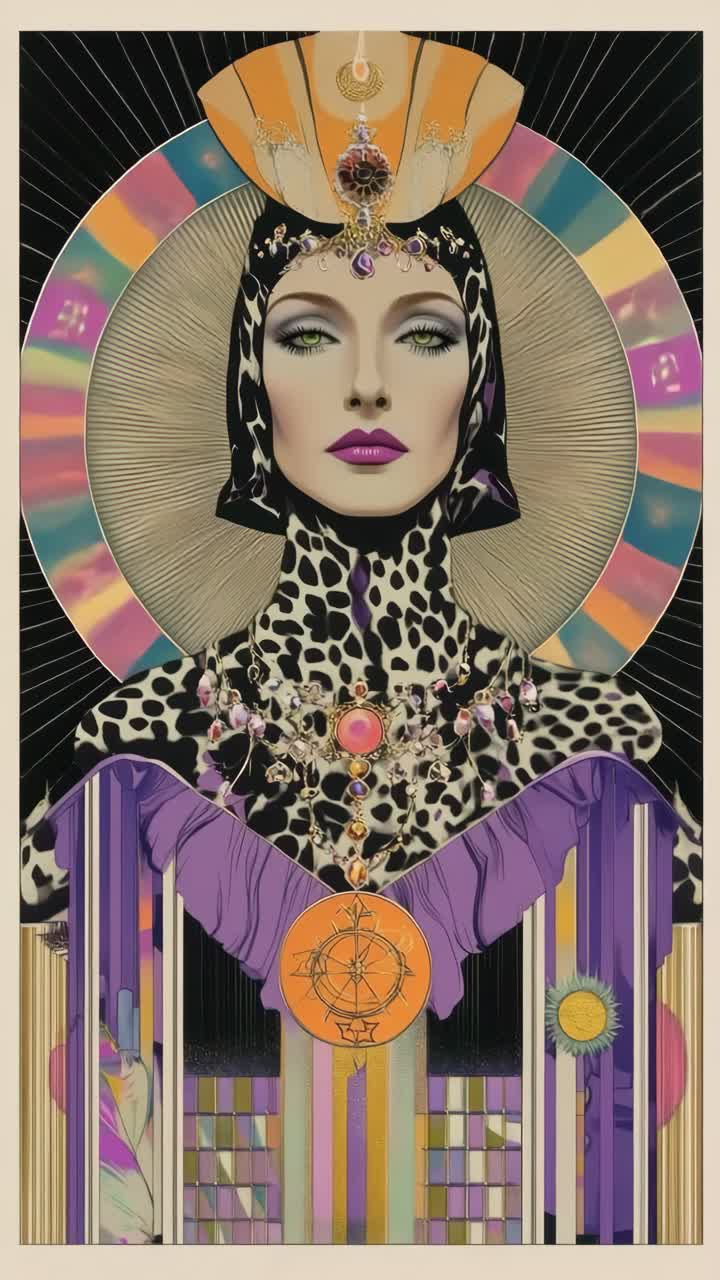 A surreal, retro-futuristic portrait of a woman in vibrant colors, viewed from a frontal angle