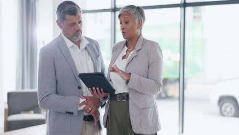 business people, tablet and meeting for strategy