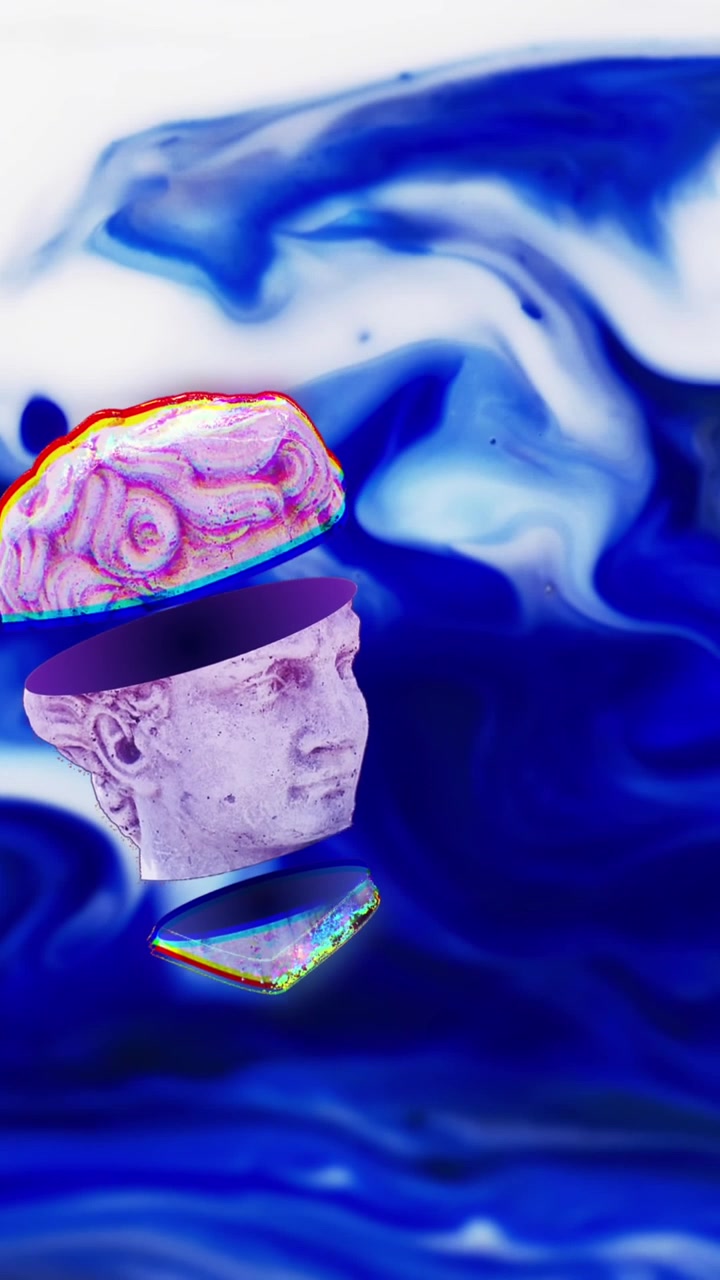 Animation of moving shapes and heads of sculptures on black background