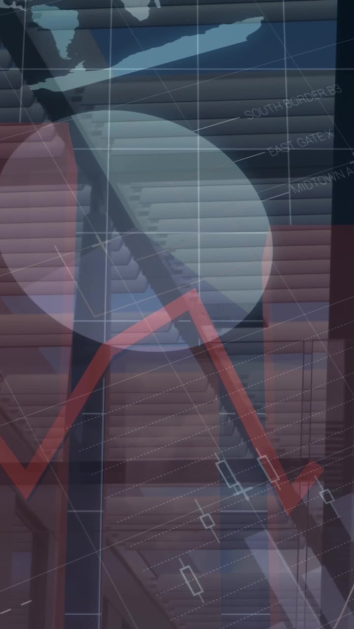 Animation of graphs and financial data over office space and walking businesspeople