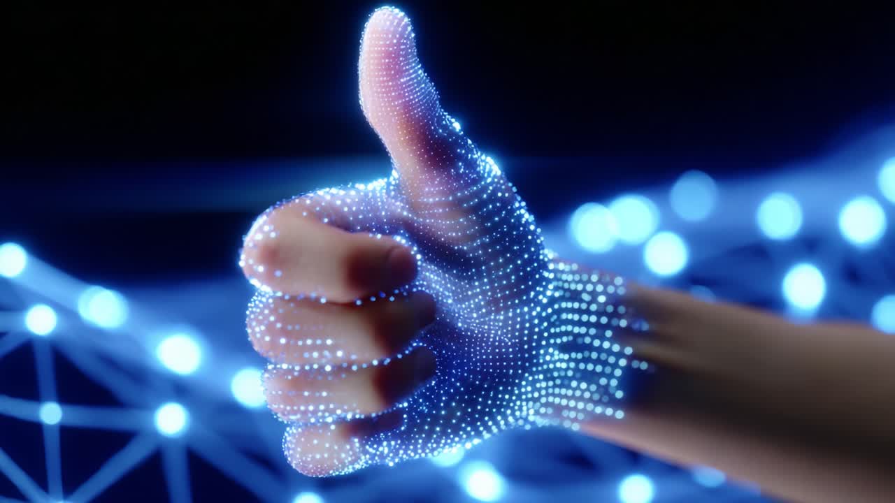 A futuristic representation of a hand giving a thumbs up gesture, created with a glowing, dot-like appearance, symbolizing positivity and digital innovation in a networked environment brimming with blue lights
