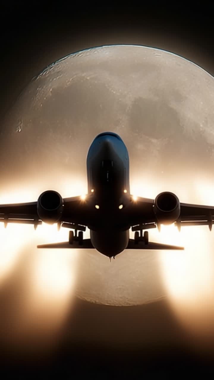 Una dramática silueta de un avión volando hacia una luna llena luminosa con brillantes rayos de luz envolviendo la escena, creando una experiencia visual fascinante.
