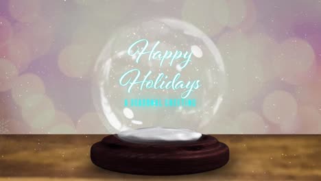 Blue-shooting-star-around-happy-christmas-text-over-a-snow-globe-on-wooden-plank