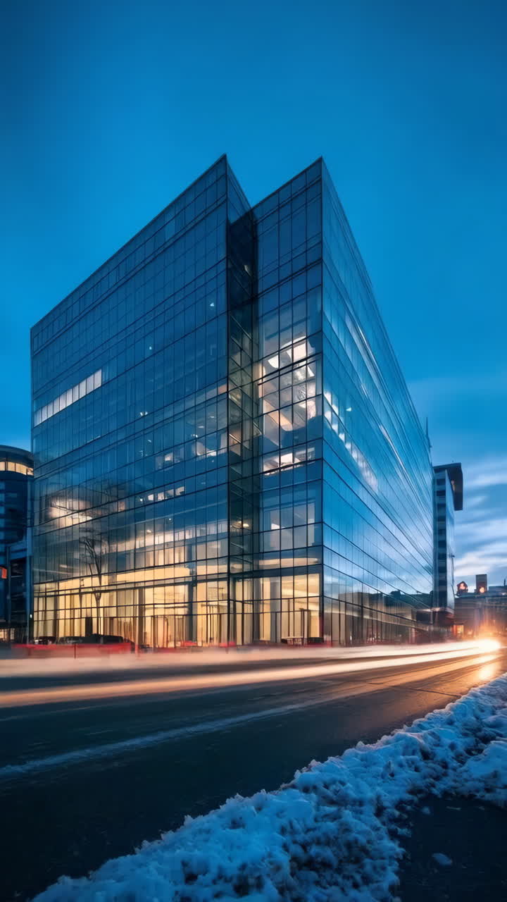 Modern Glass Building at Night with Traffic Light Trails and Snow