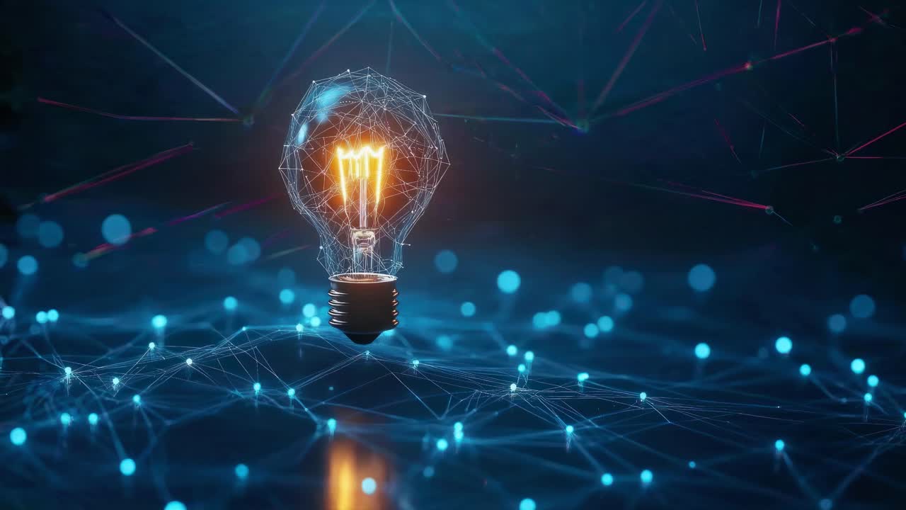 Futuristic video concept with a low-angle view of a glowing light bulb amidst a network of blue