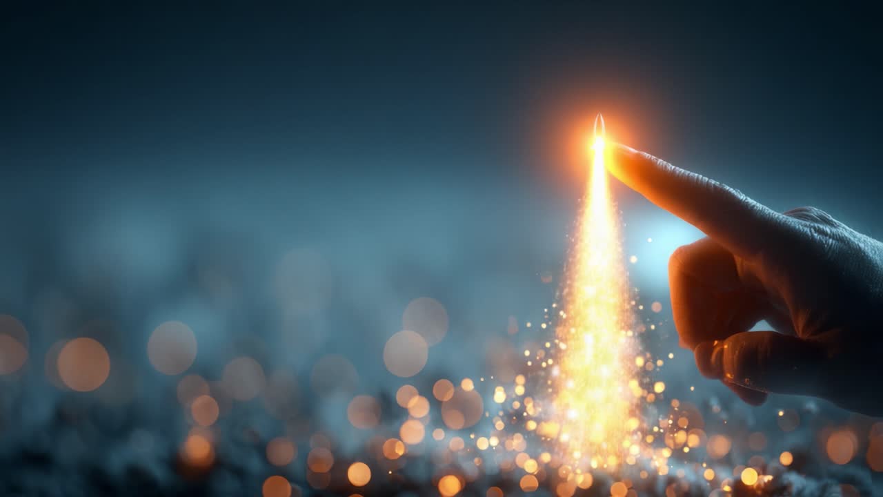 Un momento accattivante di innovazione: una mano che evoca luce scintillante mentre spicca il volo nell'aria, simboleggiando creatività e nuovi inizi in un'atmosfera onirica.