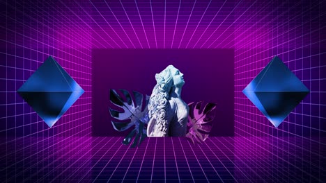 animación de esculturas antiguas de neón, hojas y diamantes con glitch sobre la cuadrícula.