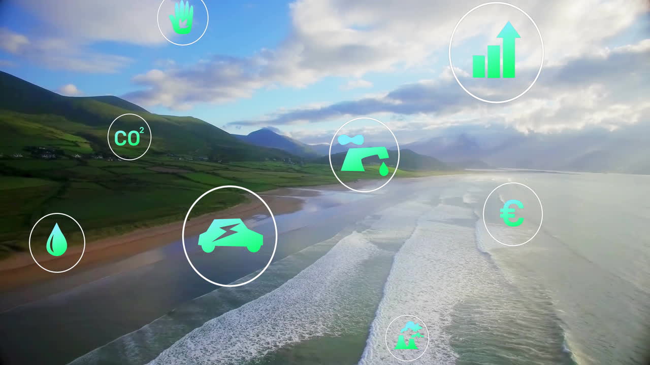 Environmental icons and data animation over scenic coastal landscape with waves