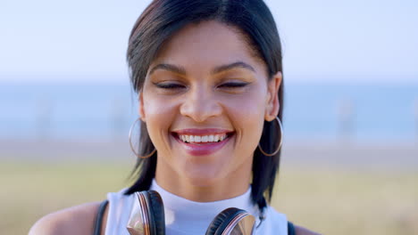 Woman,-smile-portrait-and-relax-on-beach