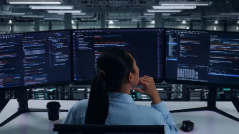 vista trasera de una mujer desarrolladora asiática pensando en algo y luego levantando su dedo índice mientras escribe código con múltiples pantallas de computadora en el centro de datos