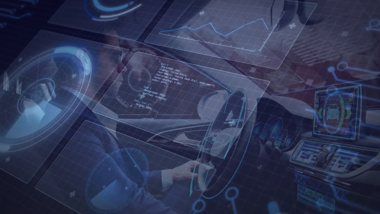 Driver holding wheel system booting HUD over dash code and dials animating showing driving system