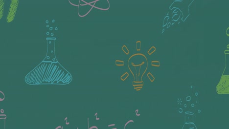 animación de coloridas ecuaciones matemáticas y garabatos científicos que se mueven sobre la pizarra verde