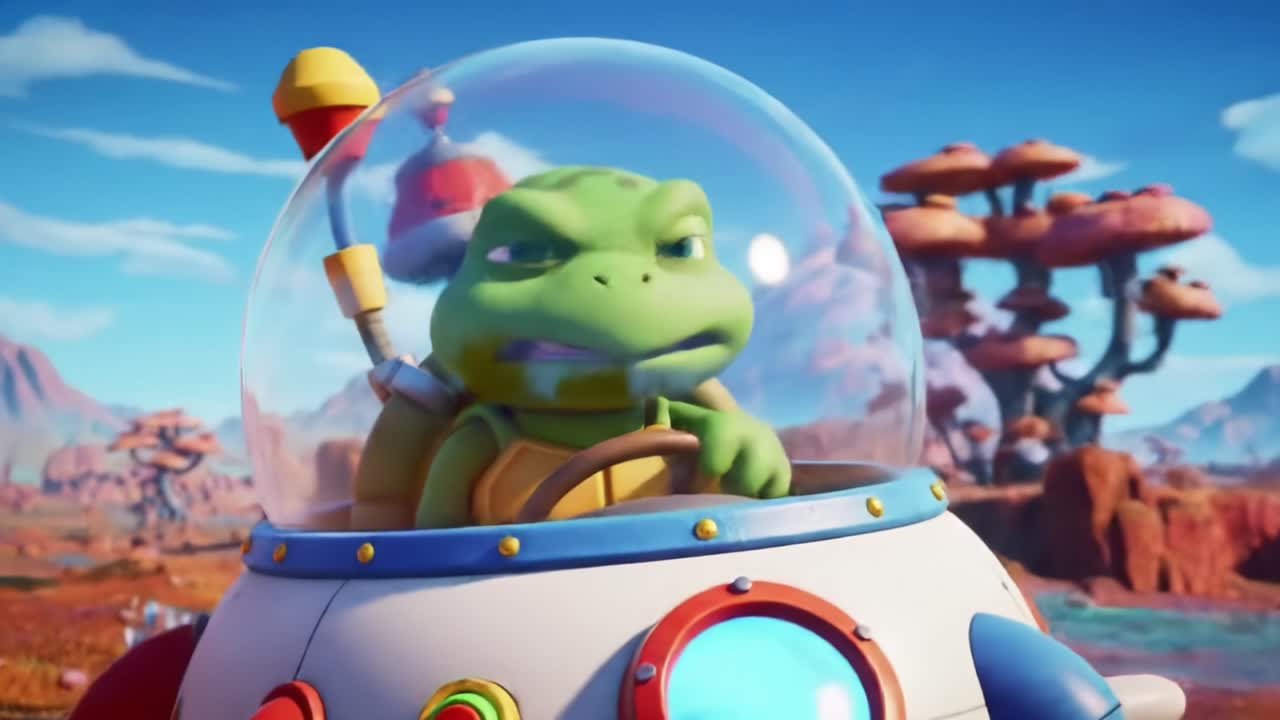 A determined little alien pilot in a colorful futuristic landscape, showcasing vibrant mushrooms and alien surroundings, ready for adventure in a whimsical space vehicle