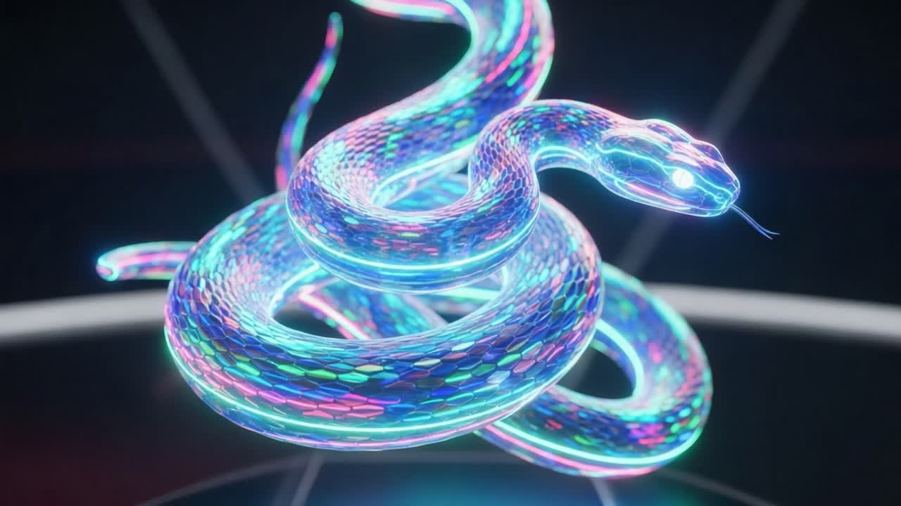 A mesmerizing and colorful digital rendering of a snake, showcasing vibrant iridescent scales that shimmer with dynamic hues against a dark backdrop