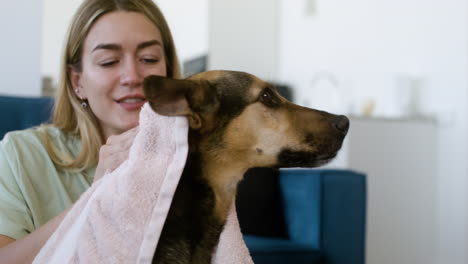 woman and dog at home