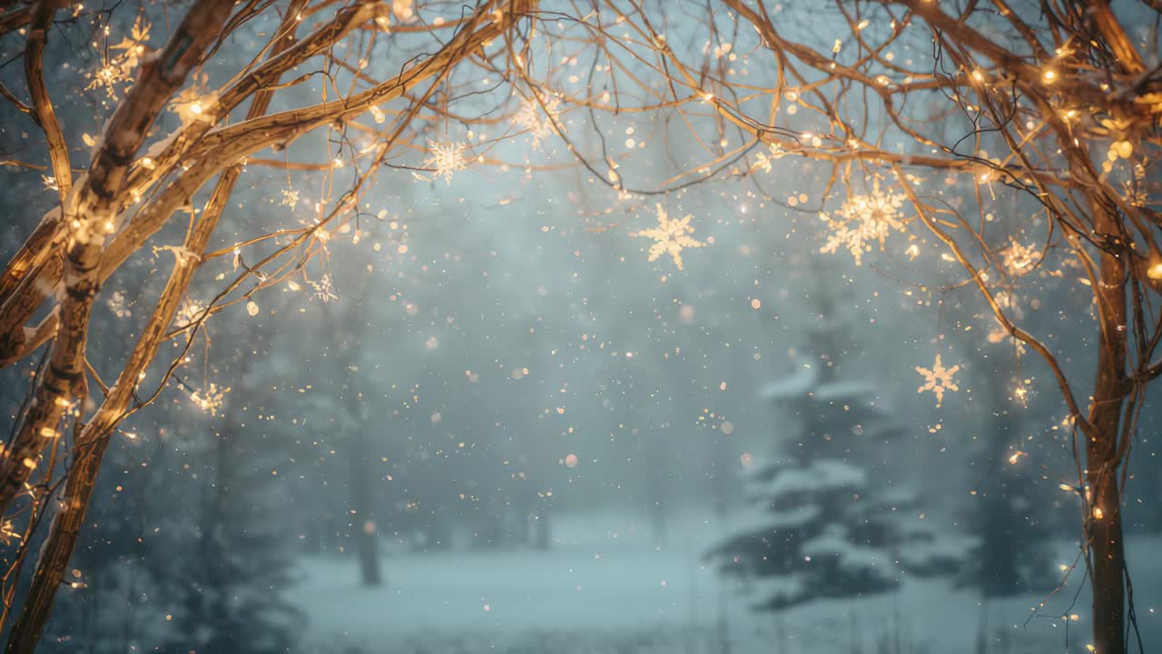 Kimaltavat valot alkavat, oksakaari heiluu varovasti sumuisessa metsässä valaistujen lumihiutaleiden kanssa, loma
