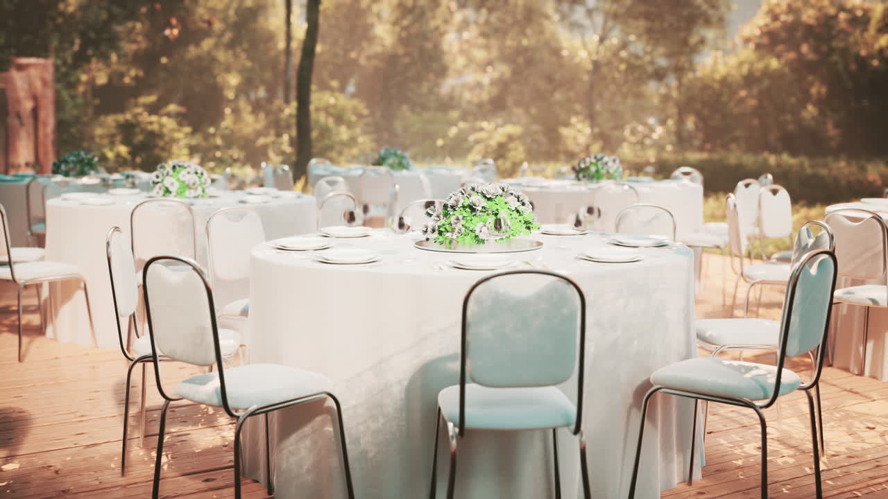 mesa y silla de mimbre vacías en el jardín forestal del restaurante al aire libre