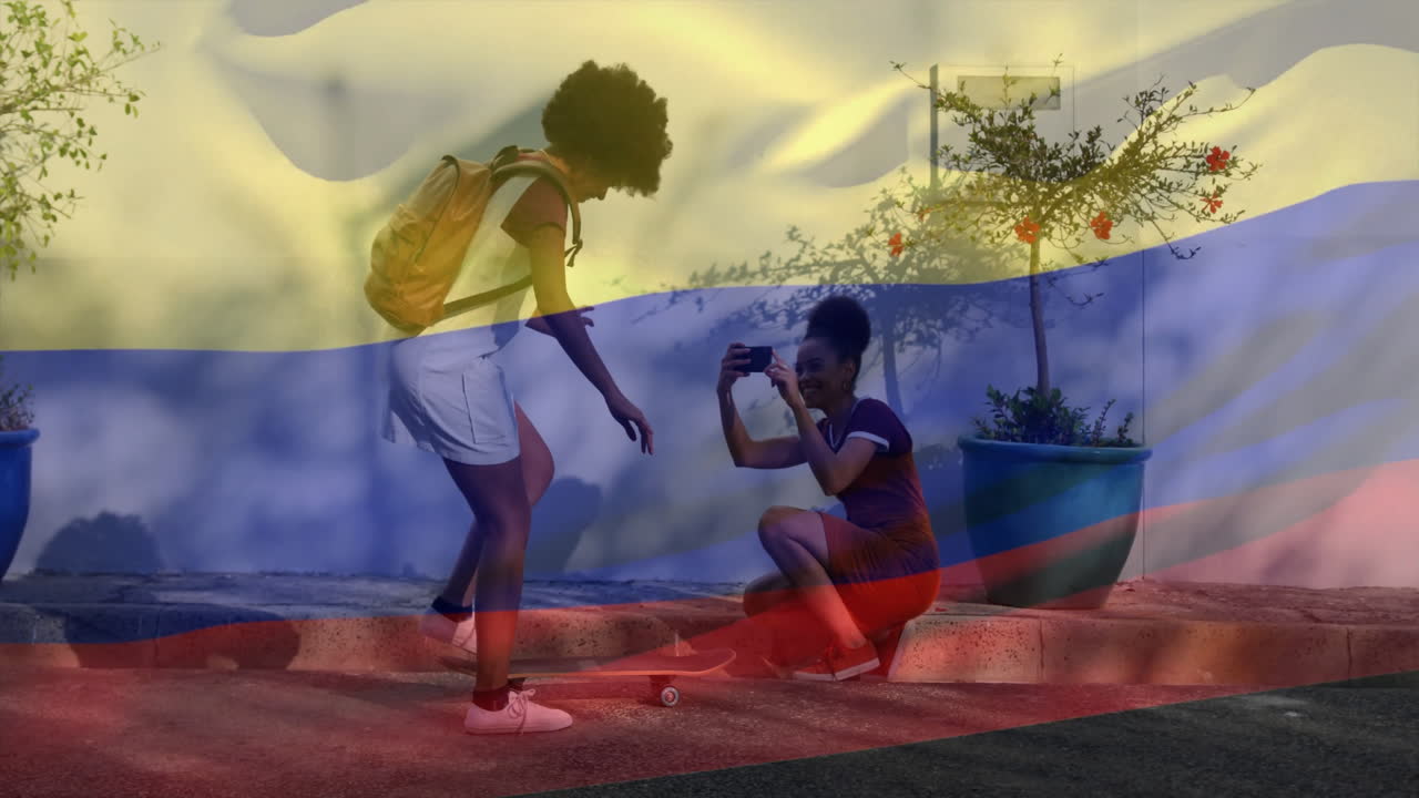 Skateboarding, women taking photos with colorful abstract animation overlay outdoors