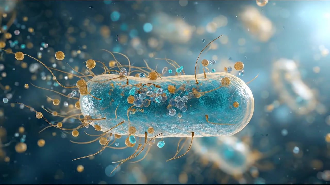 Cellula batterica microscopica che si muove attraverso un ambiente biologico blu tenue