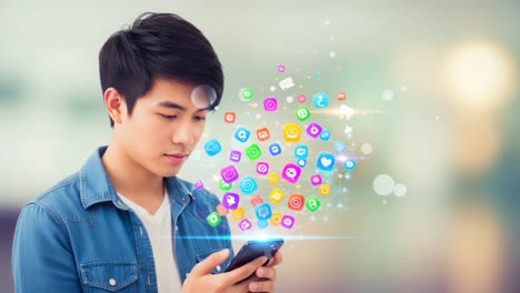 a young man engaged in the digital world: interacting with social media icons on his smartphone, reflecting modern communication and technology trends