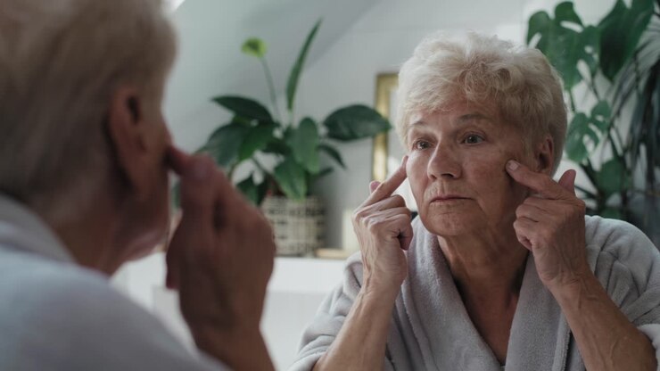Senior woman checking skin condition in the bathroom mirror