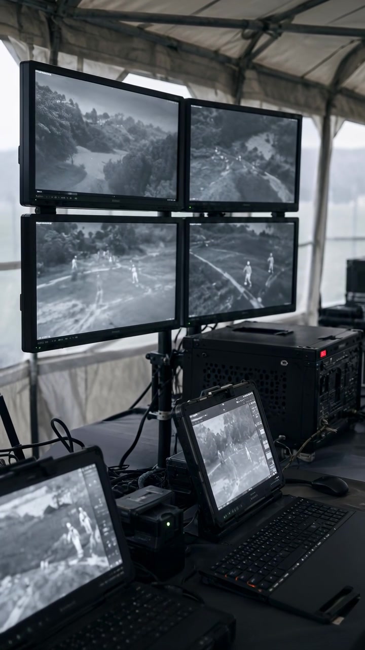 Four mounted monitors and rugged laptops show grayscale views of trees, paths and human figures while cables and computer hardware fill a compact observation setup under fabric shelter.