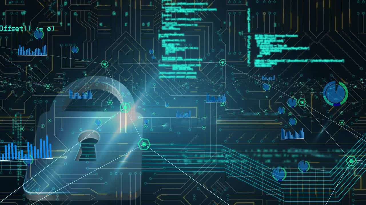 Animation of computer language, bar graph, dots connecting lines moving over graphical circuit board
