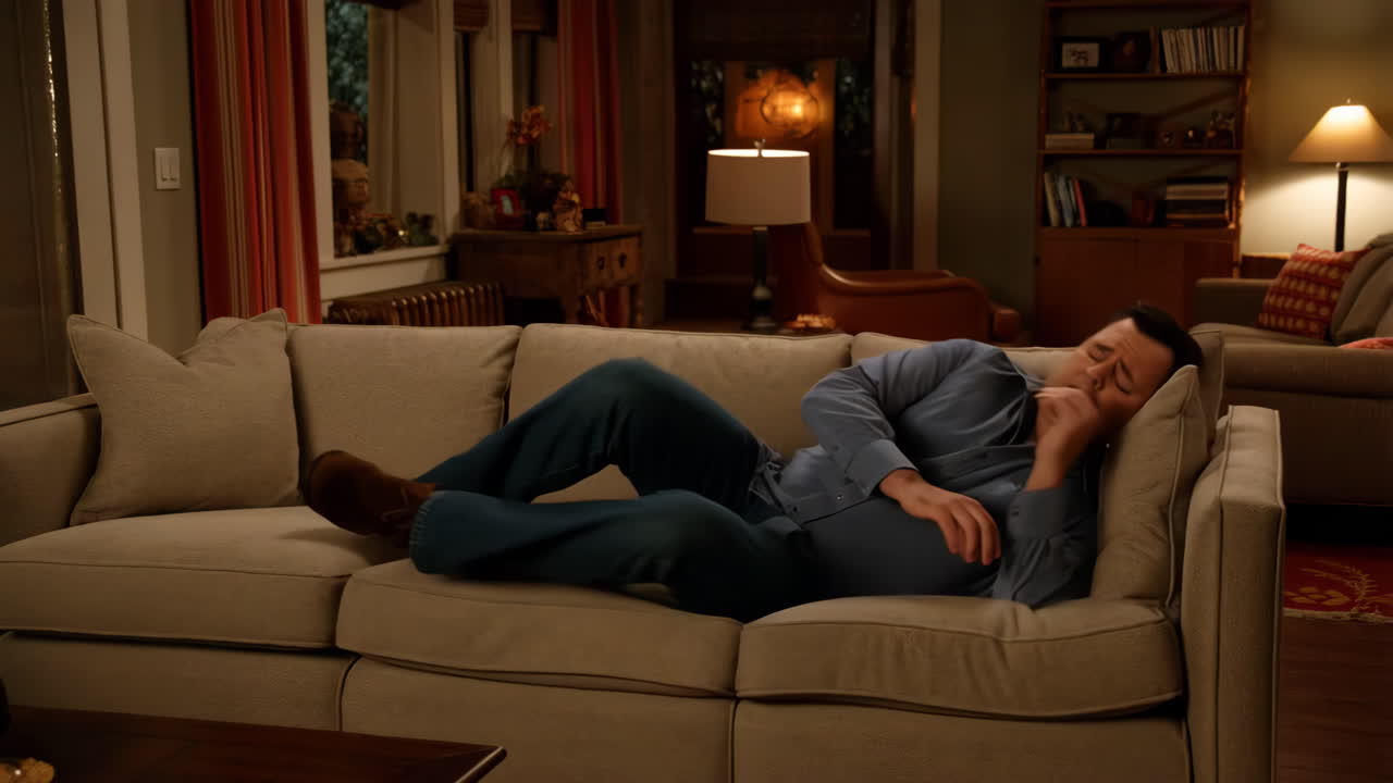 Man Resting and Sleeping on a Living Room Couch