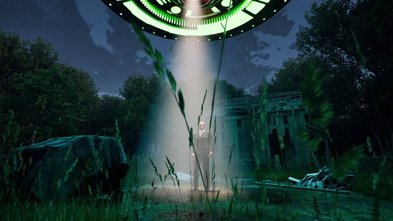 un ovni proyectando luces coloridas, flotando por encima de un hombre de negro de pie ocioso en un claro de bosque, animación 3d, paisaje animado, la cámara se aleja lentamente