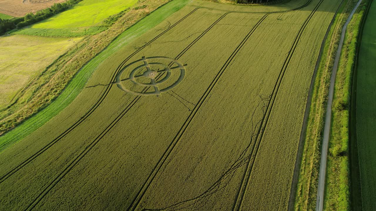 시골 풍경 위로 하강하는 시골 잔디 농지 초원 공중보기에서 hackpen 언덕 이상한 작물 원 대상 패턴